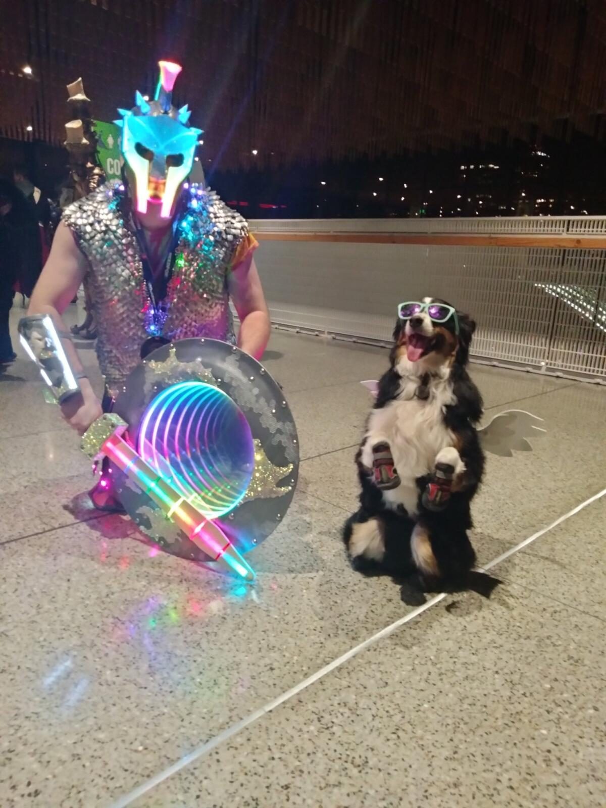Holding the illuminated shield outdoors at night beside a dog wearing goggles.