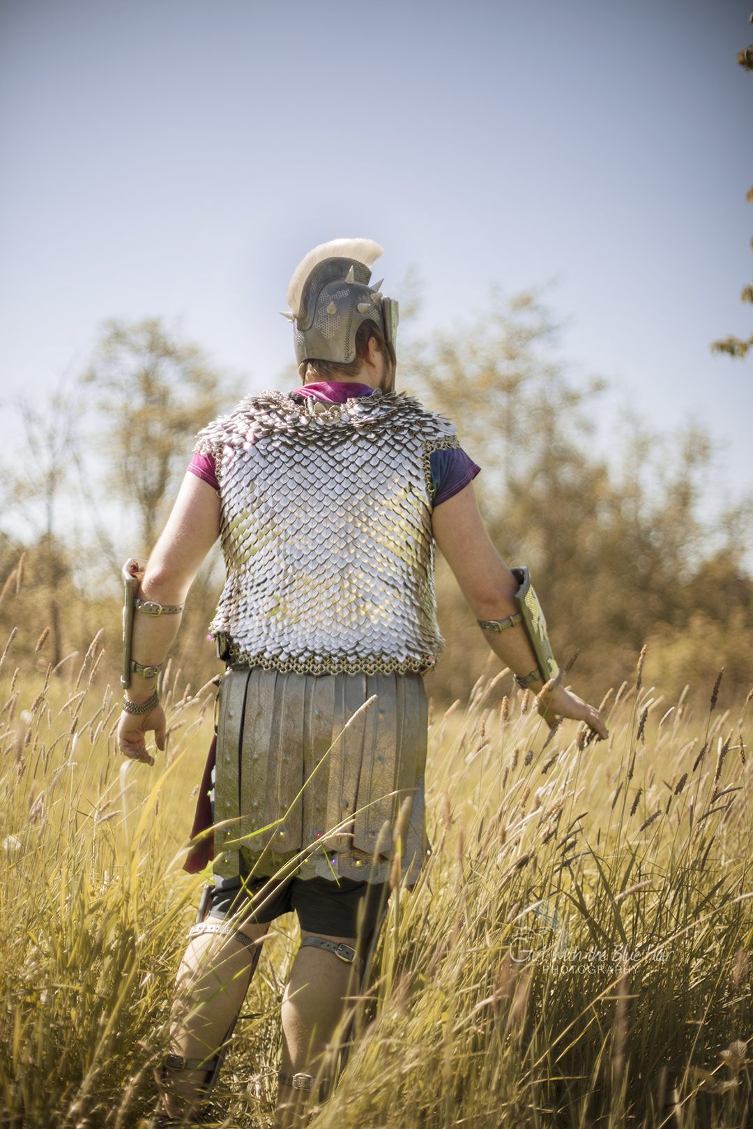 Seen from behind in tall grass, the scale maille vest and layered kilt in full daylight.
