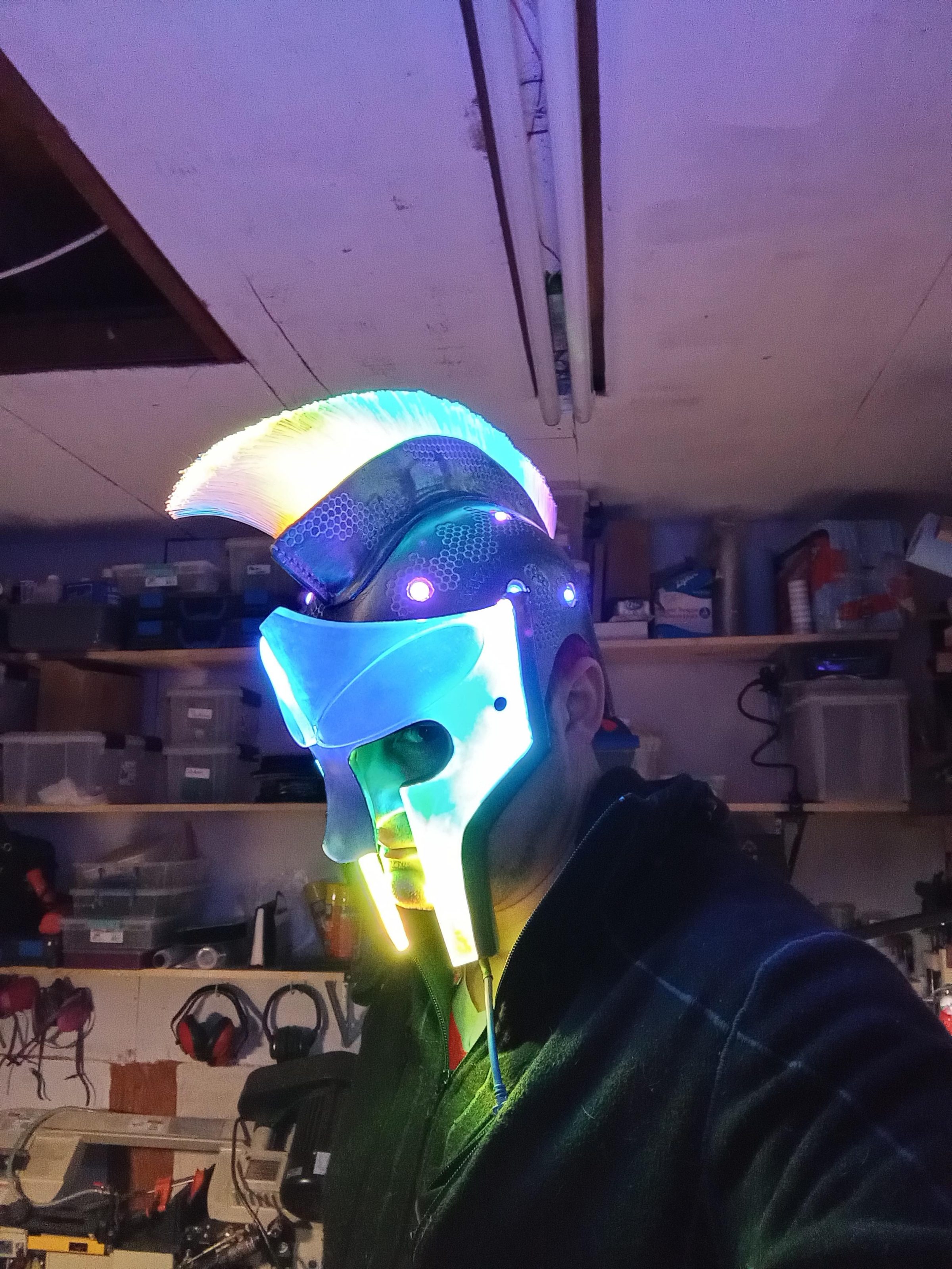Wearing the Russell Glow helmet in the workshop.