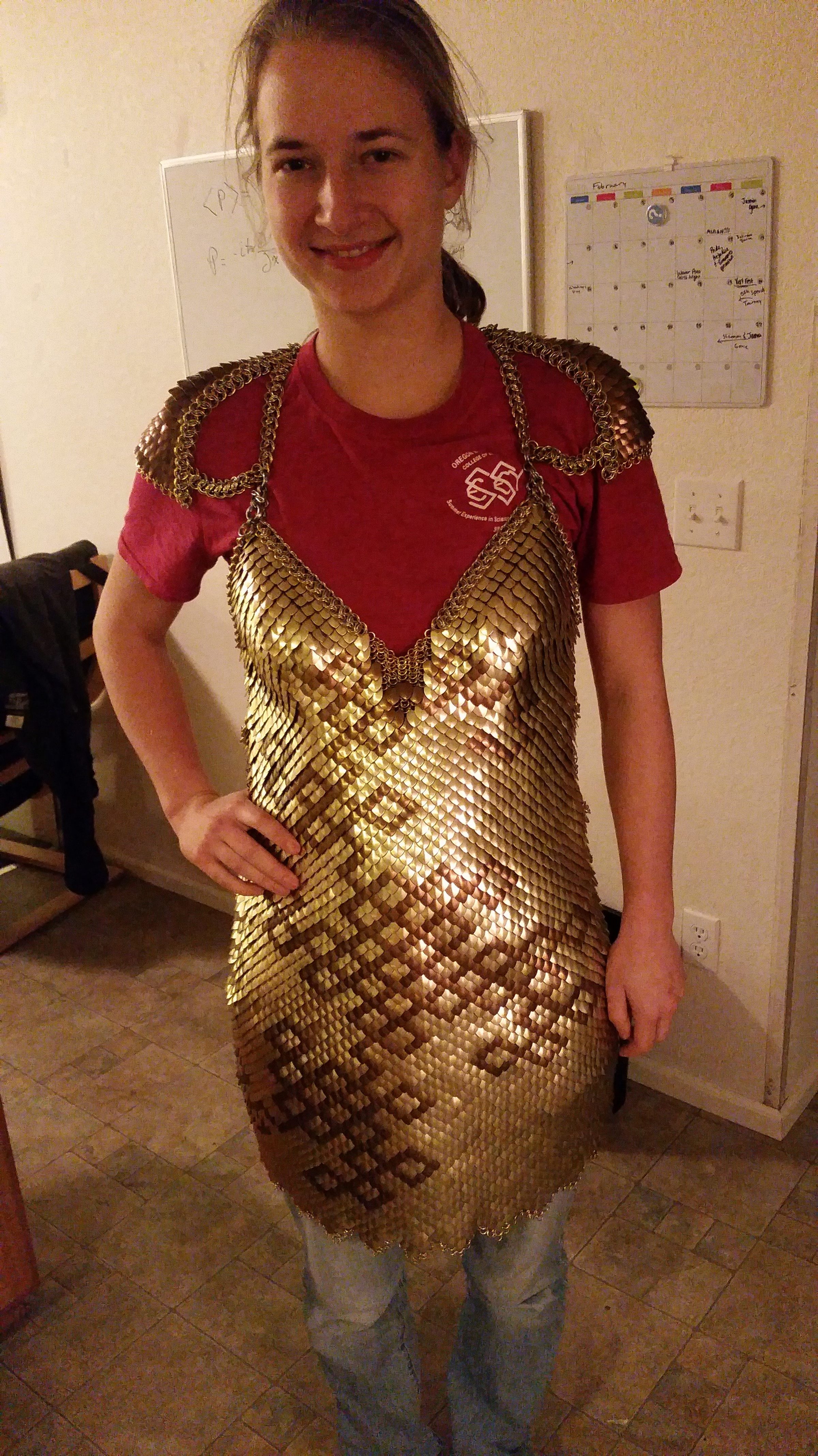 A gold scale-mail dress worn over a red t-shirt, seen from the front.