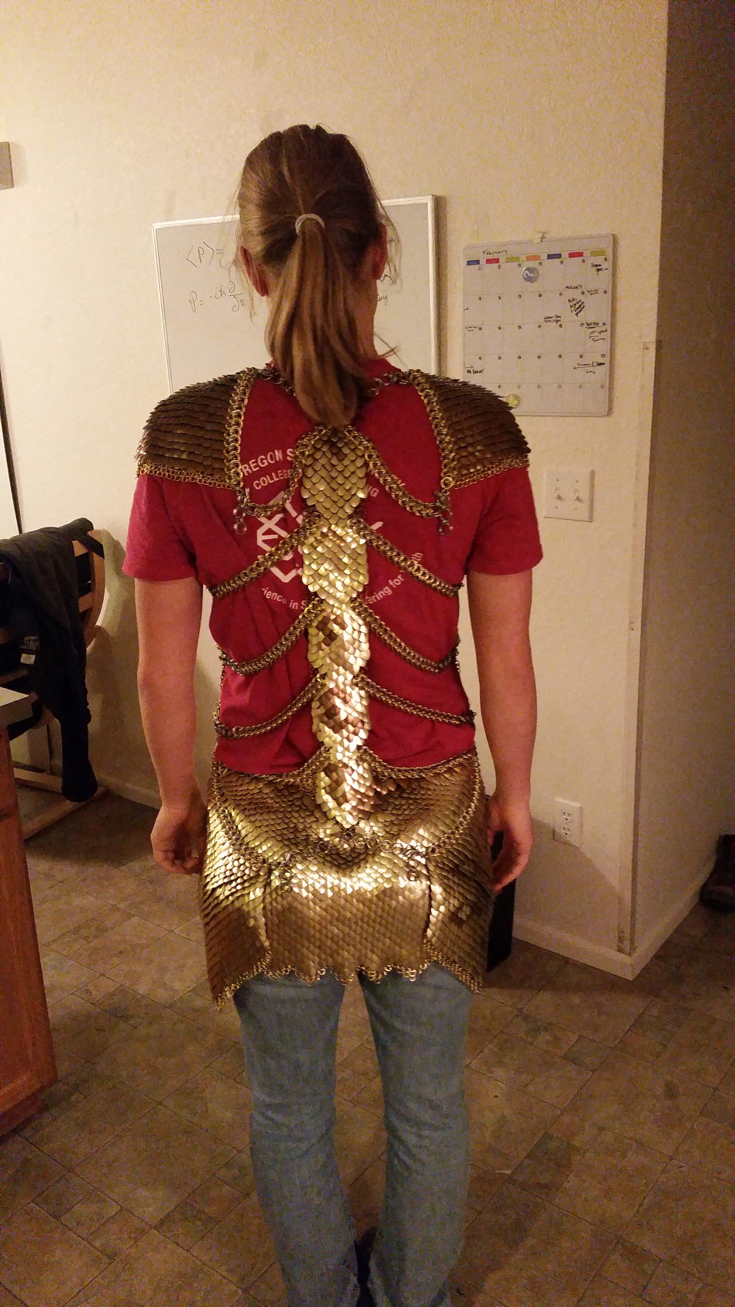 The gold scale-mail dress seen from the back, its straps crossing the shoulders.