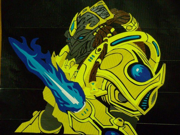 Duct tape art of a Protoss zealot in yellow and blue.